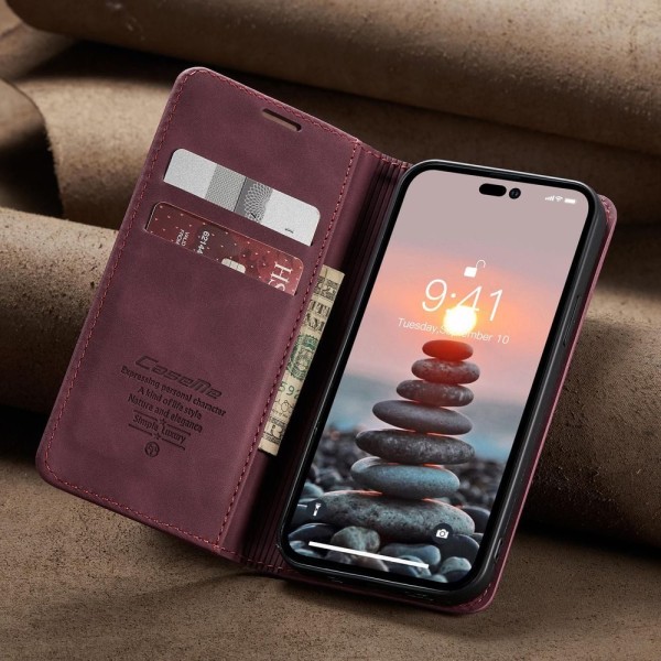 Чохол-книжка CaseMe Нубук для iPhone 14 Pro бордовий