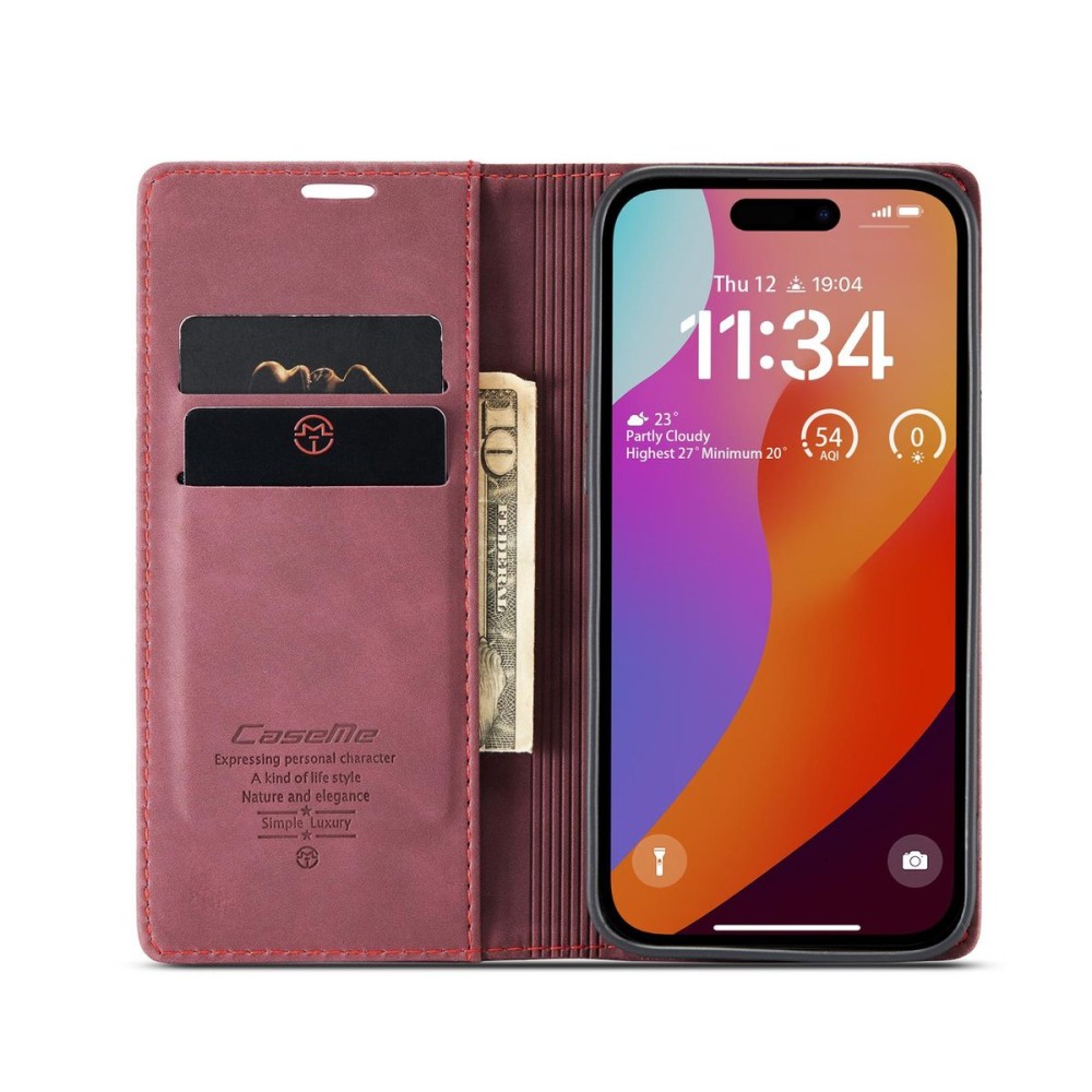 Чохол-книжка CaseMe Нубук для iPhone 15 Pro бордовий