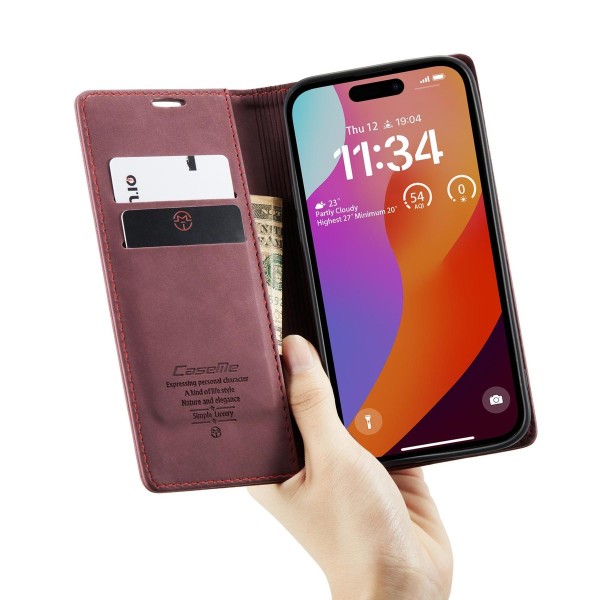 Чохол-книжка CaseMe Нубук для iPhone 15 Pro бордовий