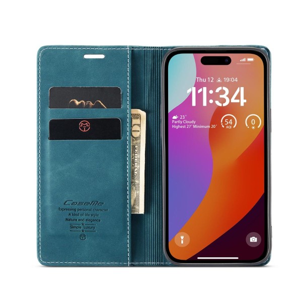 Чохол-книжка CaseMe Нубук для iPhone 15 Pro бірюзовий