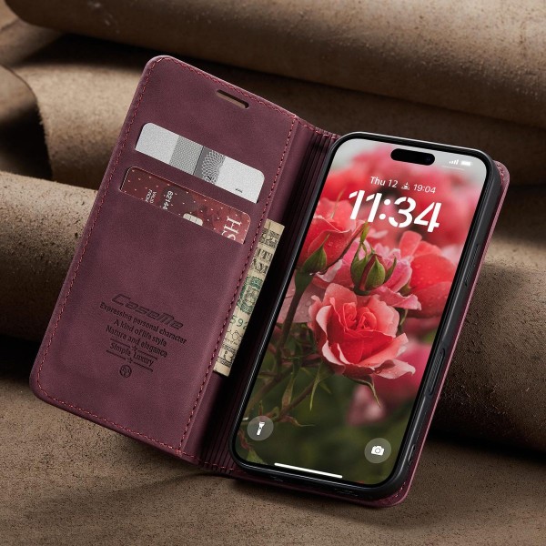 Чохол-книжка CaseMe Нубук для iPhone 16 Plus бордовий