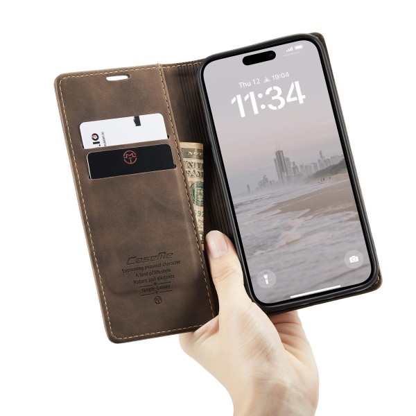 Чехол-книжка CaseMe Нубук для iPhone 16 Plus тёмно-коричневый