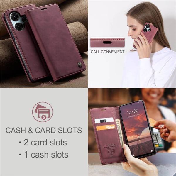 Чохол-книжка CaseMe Нубук для Xiaomi Redmi 13 бордовий