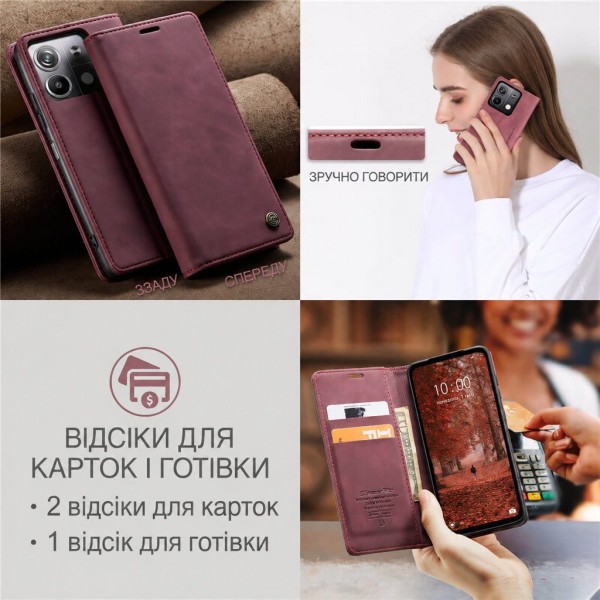 Чохол-книжка CaseMe Нубук для Xiaomi Redmi Note 13 Pro 5G бордовий