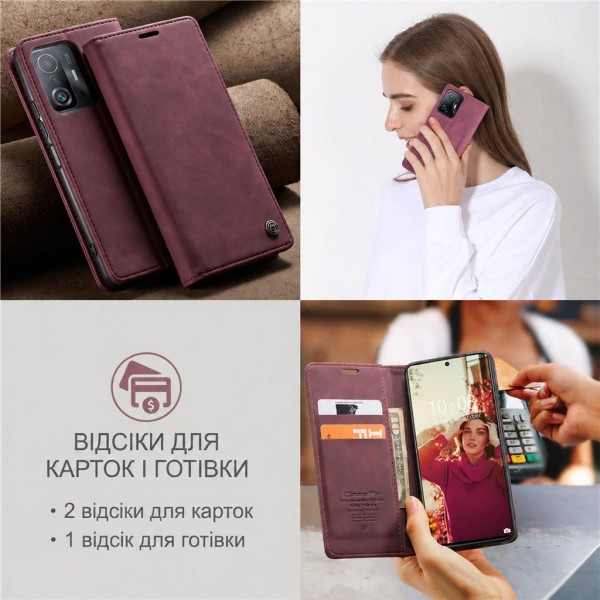 Чохол-книжка CaseMe Нубук для Xiaomi 11T/Pro бордовий