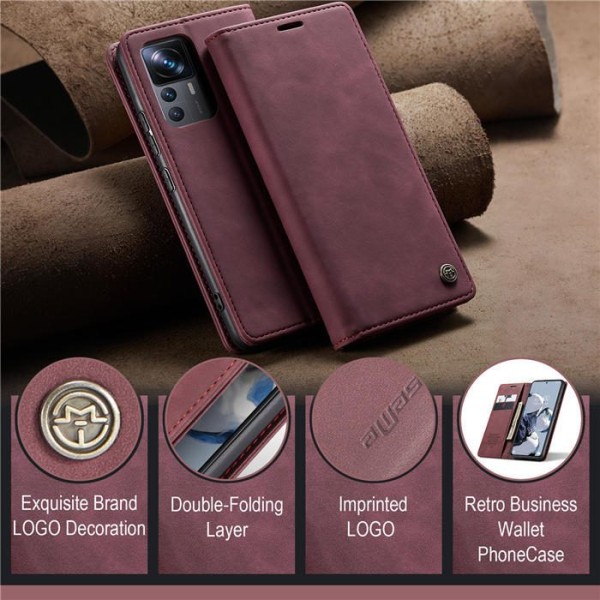 Чохол-книжка CaseMe Нубук для Xiaomi 12T Pro бордовий